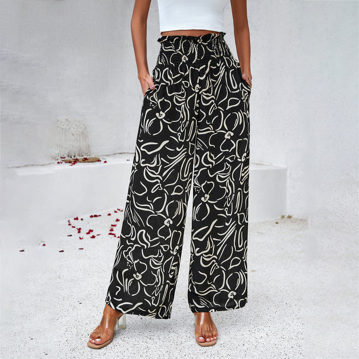 Elegant Printed Trousers Summer Loose Elastic High Waist Straight Pants