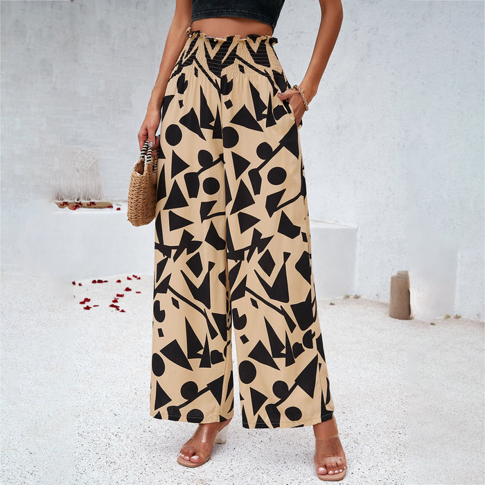 Elegant Printed Trousers Summer Loose Elastic High Waist Straight Pants