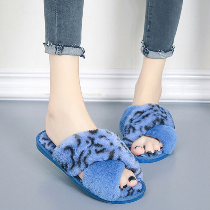 Cross-strap Fuzzy Slippers Leopard Plush House Shoes Flat Bedroom Slippers