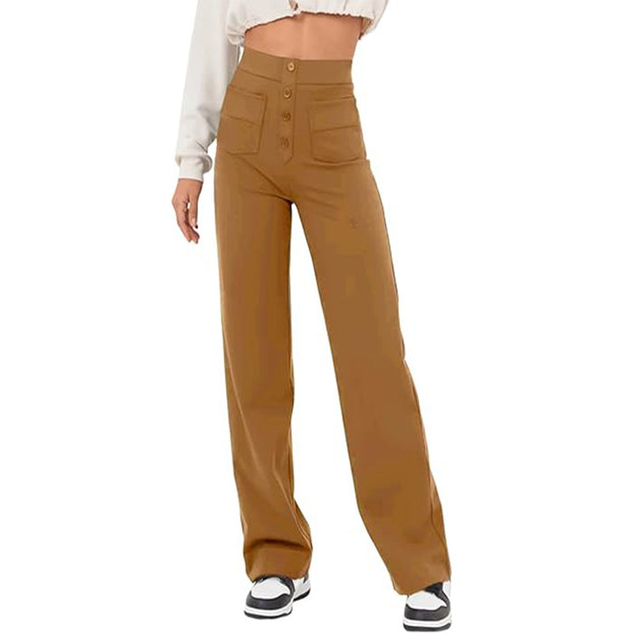 High Waist Trousers With Pockets Casual Loose Wide Leg Button Straight Pants