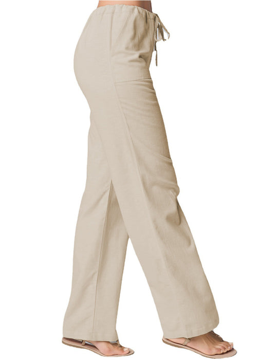 Solid Color Loose Lace-up Cotton And Linen Straight-leg Pants