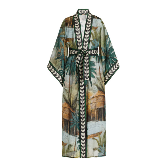 Lace-up Printed Long Beach Cover Up