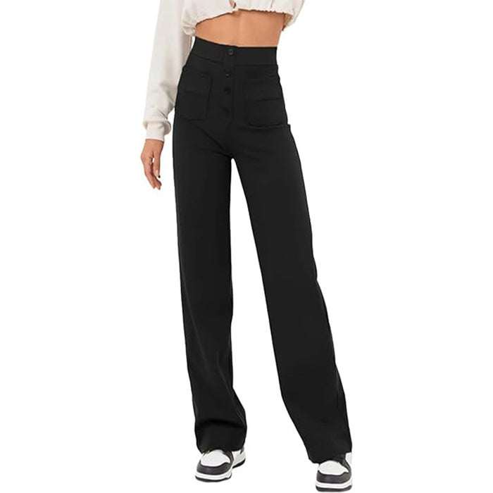 High Waist Trousers With Pockets Casual Loose Wide Leg Button Straight Pants