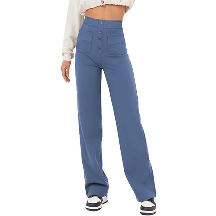 High Waist Trousers With Pockets Casual Loose Wide Leg Button Straight Pants