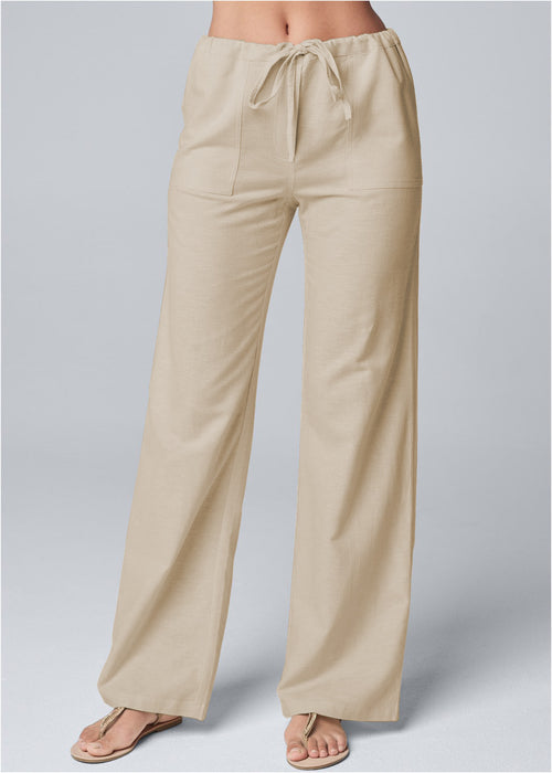 Solid Color Loose Lace-up Cotton And Linen Straight-leg Pants