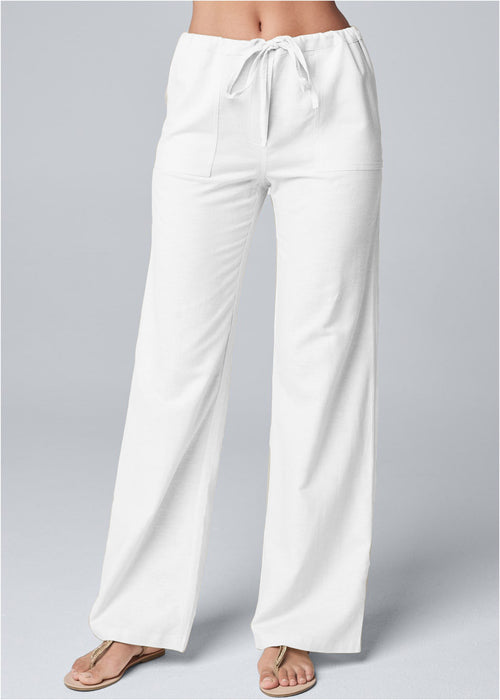 Solid Color Loose Lace-up Cotton And Linen Straight-leg Pants