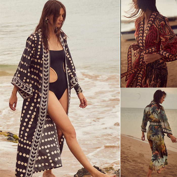 Lace-up Printed Long Beach Cover Up