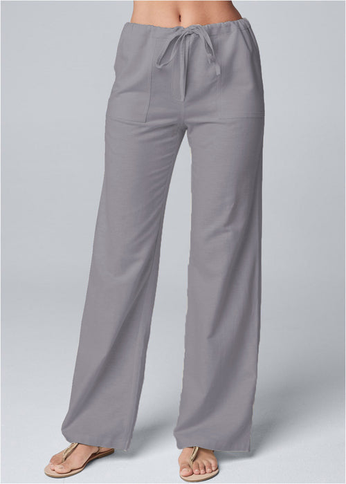 Solid Color Loose Lace-up Cotton And Linen Straight-leg Pants