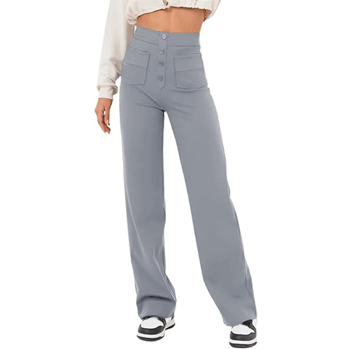 High Waist Trousers With Pockets Casual Loose Wide Leg Button Straight Pants