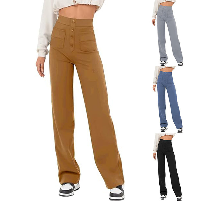 High Waist Trousers With Pockets Casual Loose Wide Leg Button Straight Pants