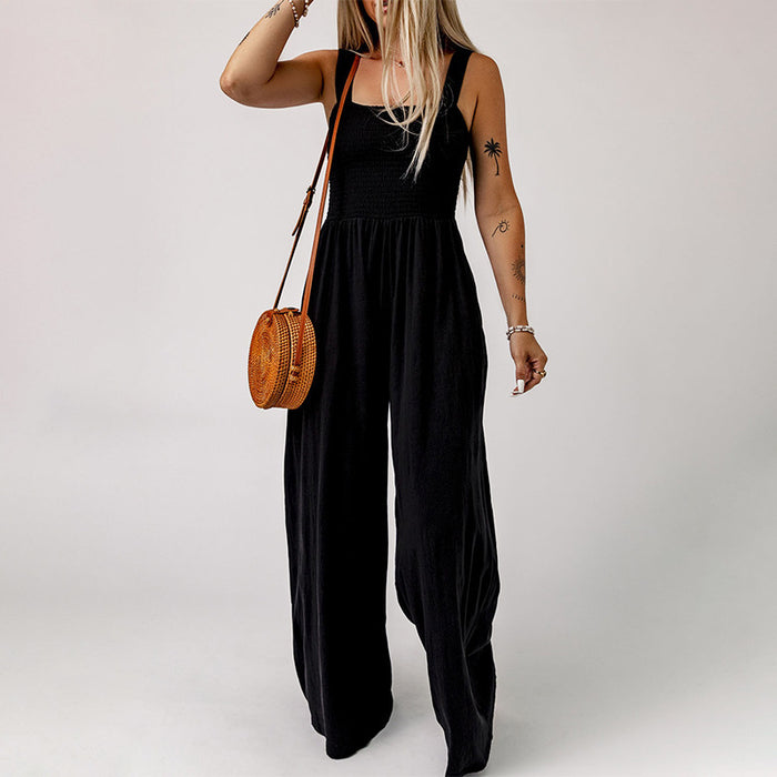 Square Neck High Waist Jumpsuit Backless Pleated Design Wide Leg Trousers