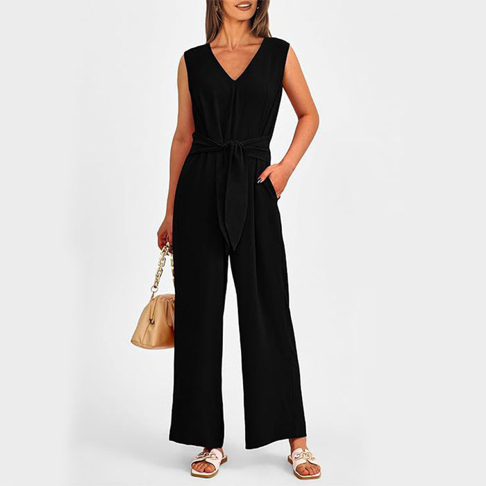 V-neck Sleeveless Long Jumpsuit With Pockets And Lace-up Design Wide-leg Straight Trousers