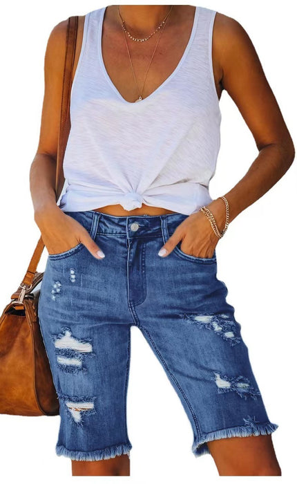 Summer Mid-waist Slim-fit Cropped Pants Ripped Tassel Jeans