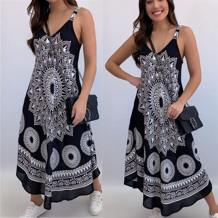 Summer Vintage Elegant Print V-neck Sleeveless Long Dress