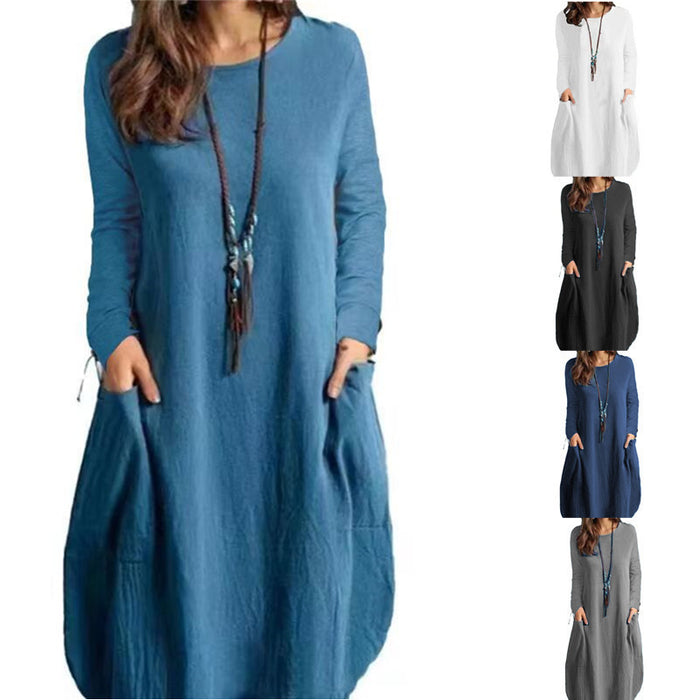 Cotton And Linen Loose Casual Solid Color Long-sleeve Dress