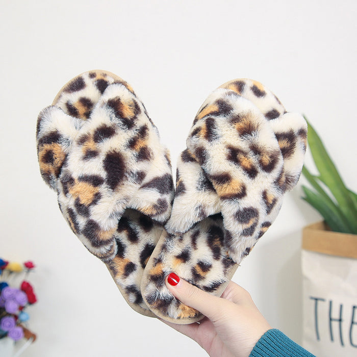 Cross-strap Fuzzy Slippers Leopard Plush House Shoes Flat Bedroom Slippers