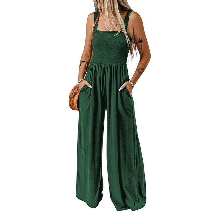 Square Neck High Waist Jumpsuit Backless Pleated Design Wide Leg Trousers