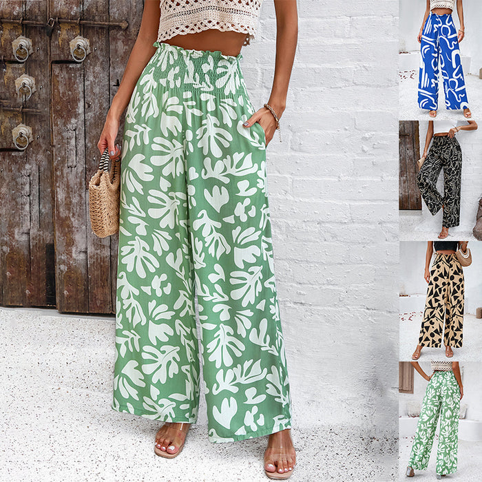 Elegant Printed Trousers Summer Loose Elastic High Waist Straight Pants