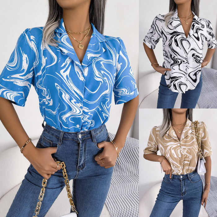 Fashion Tie Dye Printed Short Sleeve Shirt Summer Casual Lapel Shirt Top