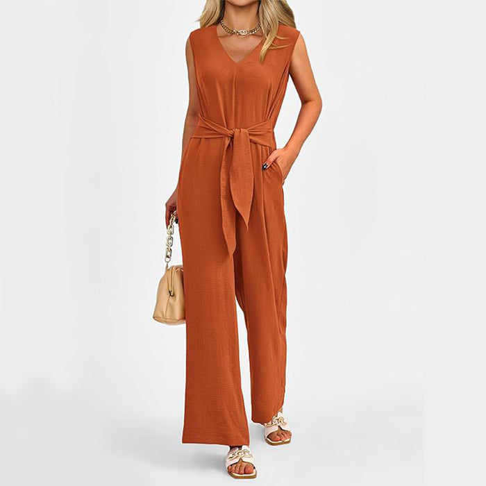 V-neck Sleeveless Long Jumpsuit With Pockets And Lace-up Design Wide-leg Straight Trousers