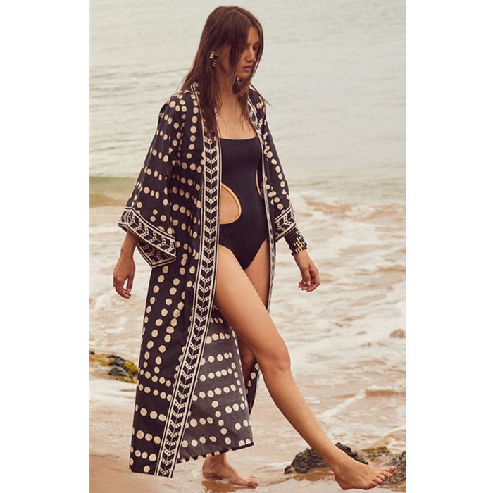 Lace-up Printed Long Beach Cover Up