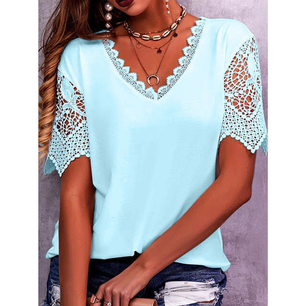 Lace Top Summer Loose V Neck Short Sleeve Casual Shirts