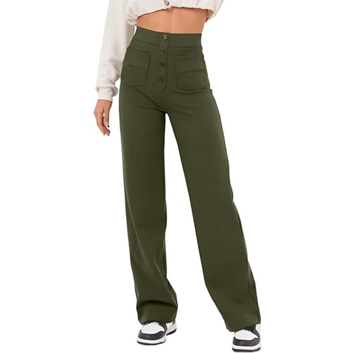 High Waist Trousers With Pockets Casual Loose Wide Leg Button Straight Pants