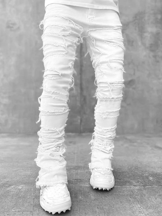 Men Trousers Individual Patched Pants Long Tight Fit Stacked Jeans