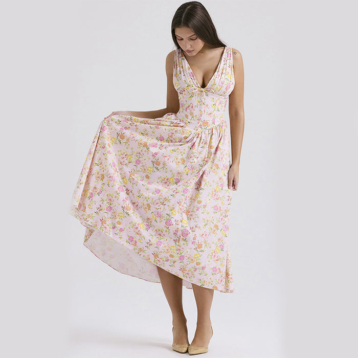 V-neck A-line Summer Pleated Floral Print Swing Dress