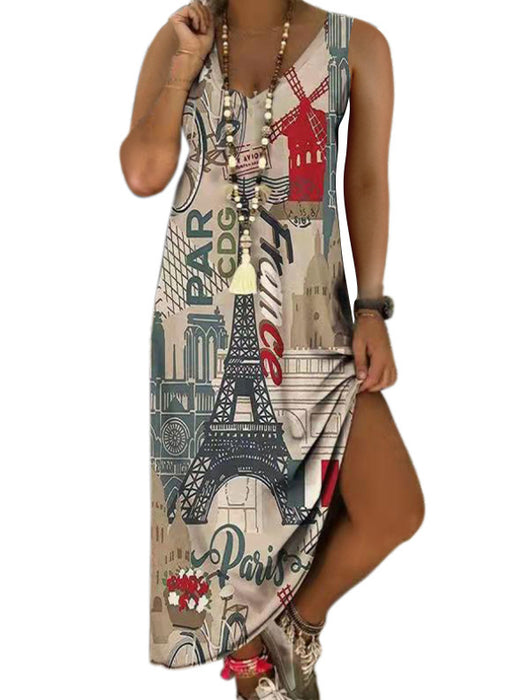 V-Neck Printed Sleeveless Long Jumpsuit Casual Beach Dress