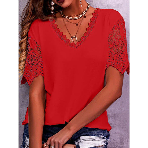 Lace Top Summer Loose V Neck Short Sleeve Casual Shirts