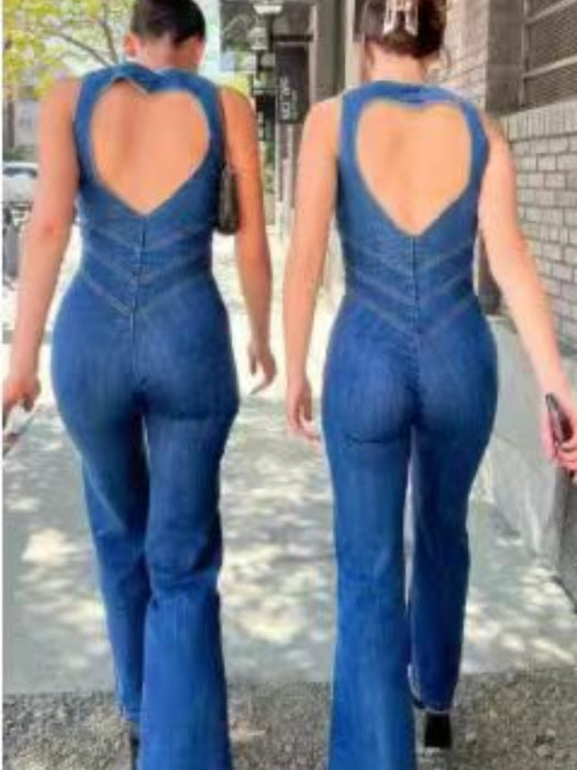 Street Retro Style High Waist Denim Jumpsuit