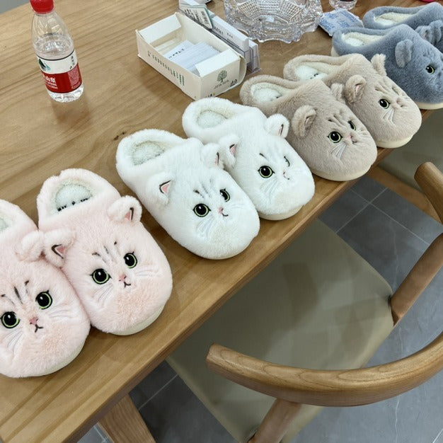 Cute Cat Plush Slippers For Couple Non-slip House Shoes