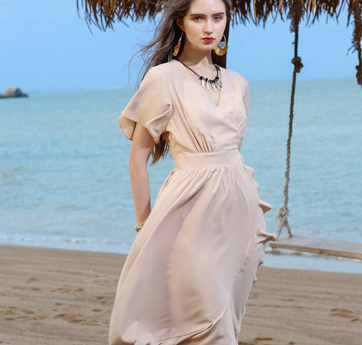 Chiffon Solid Color  Ruffled Dress