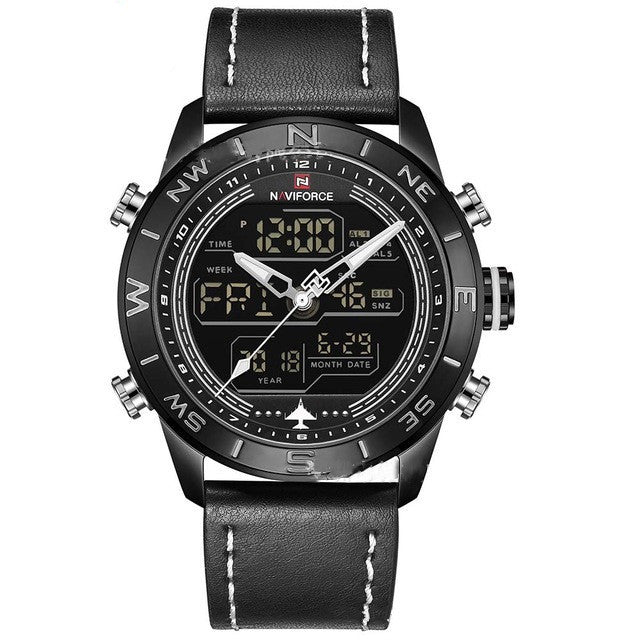 NAVIFORCE 9144 Fashion Gold Men Sport Watches Mens LED Analog Digital Watch Leather Quartz Watch Relogio Masculino