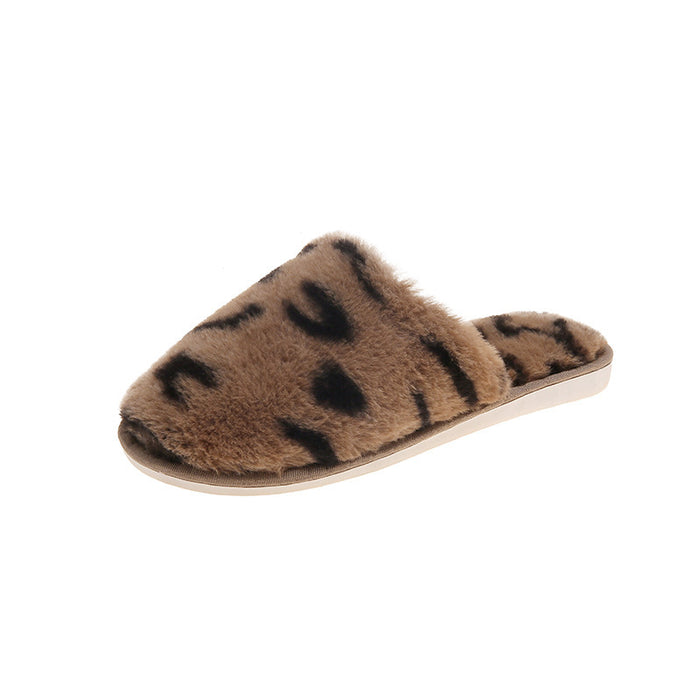 Autumn And Winter Cotton Slippers Women's Toe Cap Leopard Plush