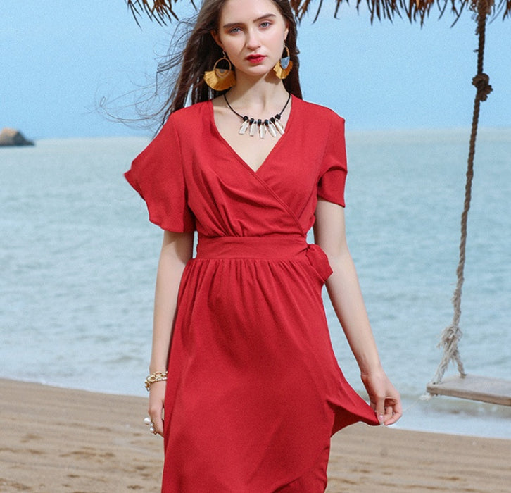 Chiffon Solid Color  Ruffled Dress