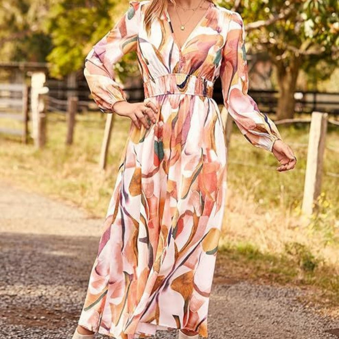 Casual Long Sleeve V-neck Printed Beach Dress