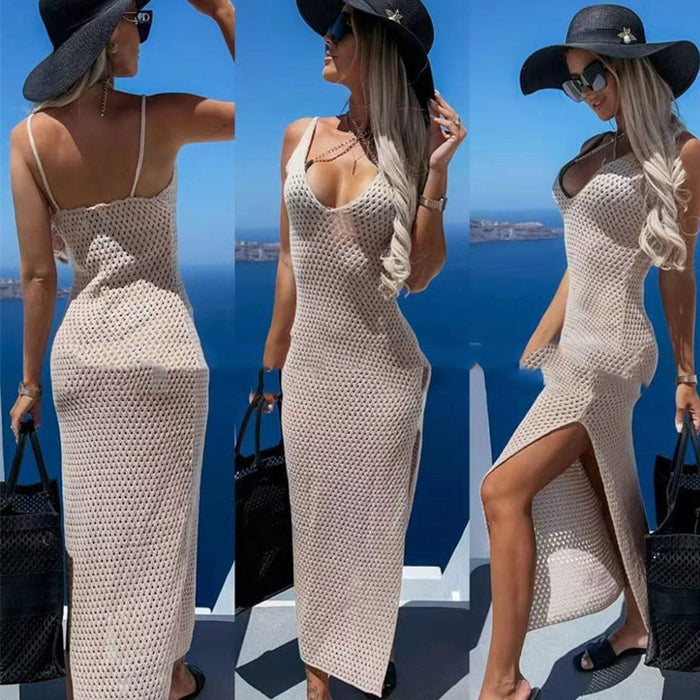 Pure Color Split Strap Backless Long Beach Dress