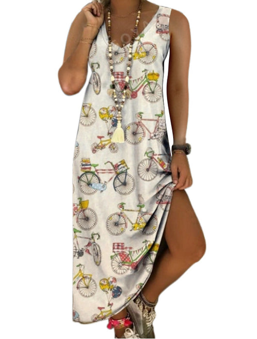 V-Neck Printed Sleeveless Long Jumpsuit Casual Beach Dress