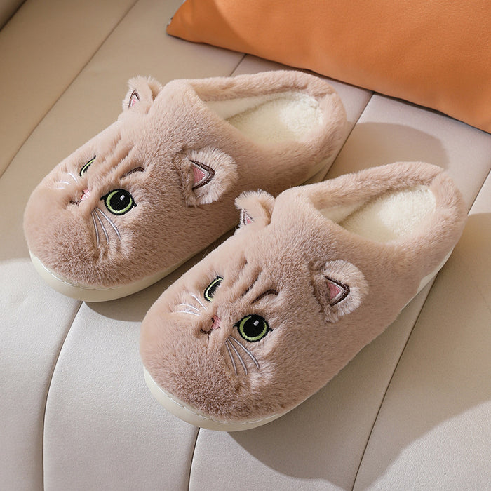 Cute Cat Plush Slippers For Couple Non-slip House Shoes