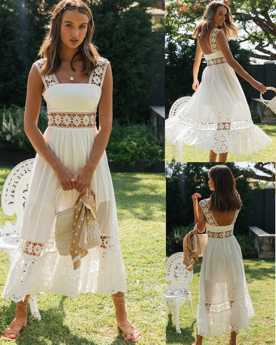 women summer white lace dress Casual beach boho maxi dress Sweet sleeveless floral hollow out dress