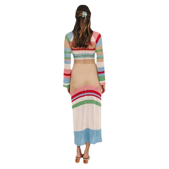 Stripe Colored Pullover Knitted Beach Bikini Blouse Long Dress