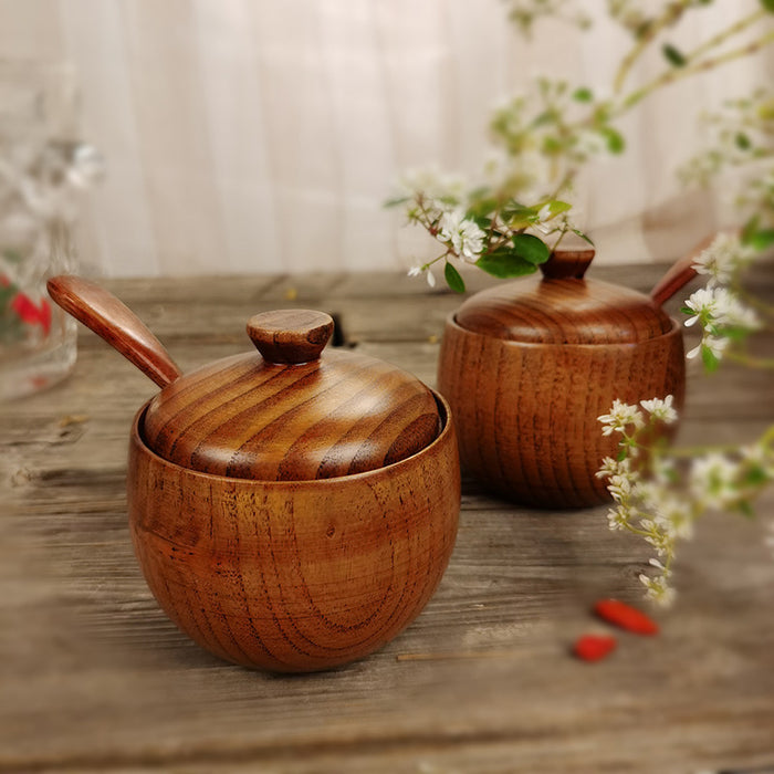 Jujube Wooden Salt Jar With Lid And Spoon