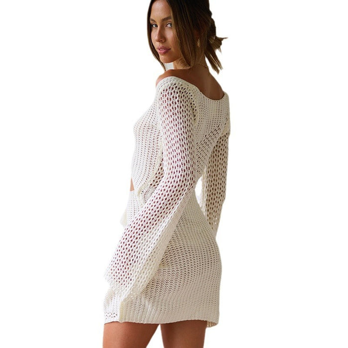 Solid Color Hollow-out Knitted Blouse Off-shoulder Long Sleeve Beach Dress