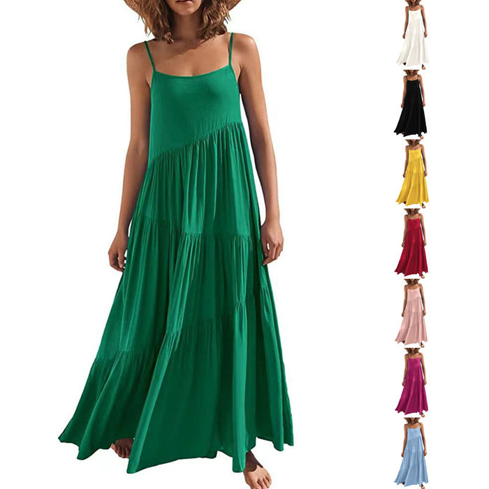 Solid Color Pleated Irregular Dress Beach Suspender Long Skirt