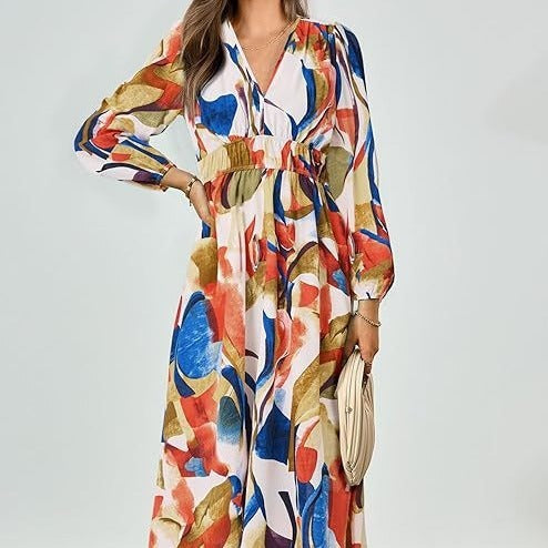 Casual Long Sleeve V-neck Printed Beach Dress