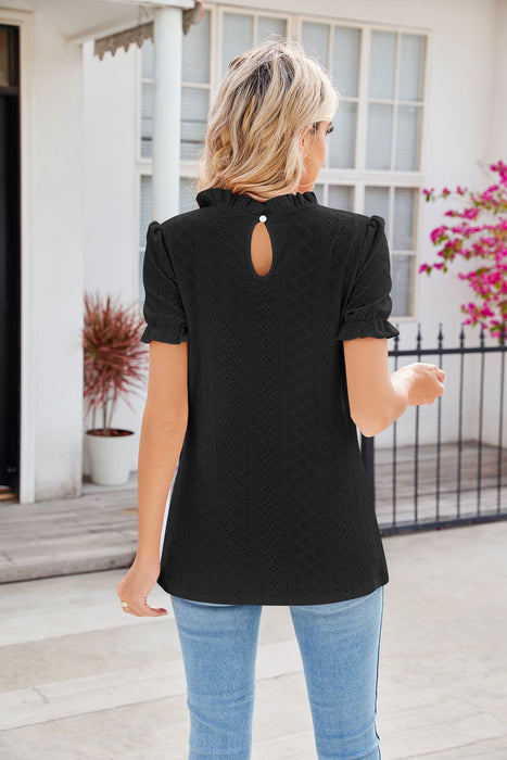 Fashion Lacework Round Neck Top Summer Puff Sleeves Loose Pleated T-shirt