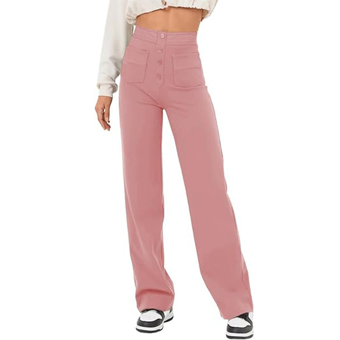 High Waist Trousers With Pockets Casual Loose Wide Leg Button Straight Pants