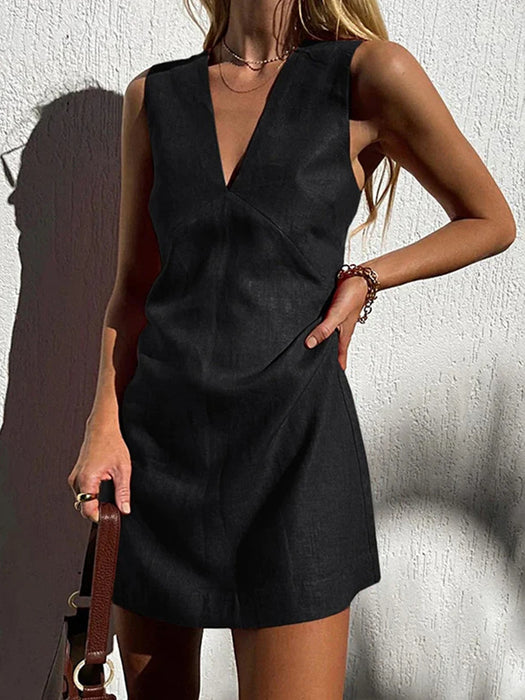 V-neck Cotton And Linen Sleeveless Dress